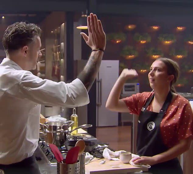 Jock Zonfrillo Laura Sharrad high-five during MasterChef