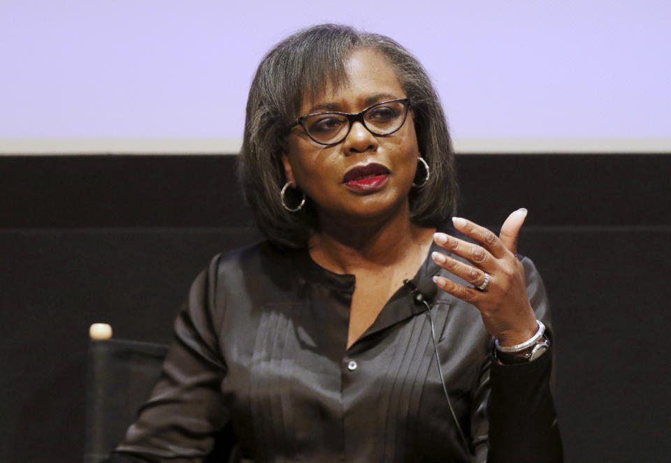 FILE - In this Dec. 8, 2017, file photo Anita Hill speaks at a discussion about sexual harassment and how to create lasting change from the scandal roiling Hollywood at United Talent Agency in Beverly Hills, Calif. Hill brought the concept of sexual harassment to national consciousness when she testified during Clarence Thomas' Supreme Court confirmation hearings. (Photo by Willy Sanjuan/Invision/AP, File)