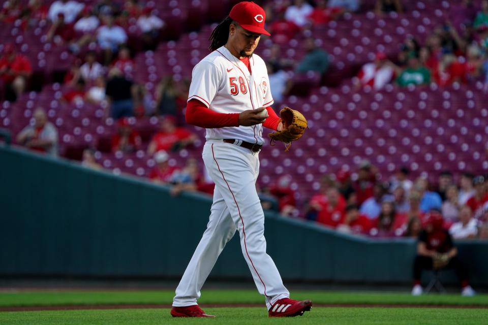 Cincinnati Reds starting pitcher Luis Castillo (58) walks back to the mound between batterÕs during the second inning of a baseball game against the Miami Marlins, Wednesday, July 27, 2022, at Great American Ball Park in Cincinnati. 