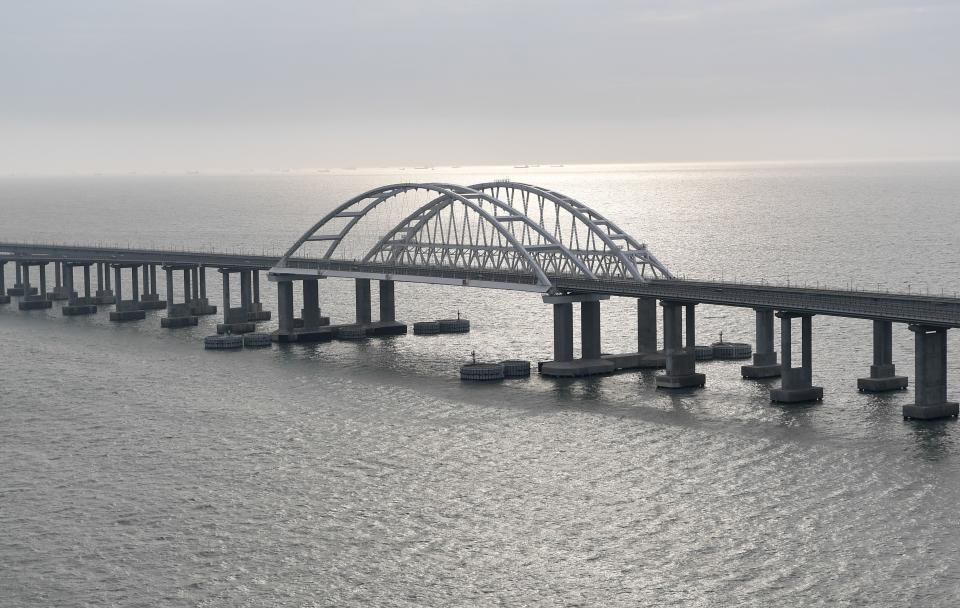 The Crimean Bridge, which that spans the Kerch Strait between the Azov and Black seas.