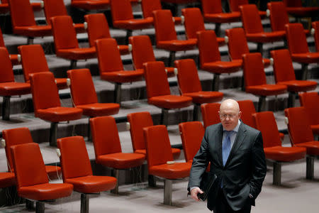 Russian Ambassador to the United Nations (UN) Vasily Nebenzya walks before a meeting of the UN Security Council to discuss a North Korean missile launch at UN headquarters in New York, U.S., November 29, 2017. REUTERS/Lucas Jackson