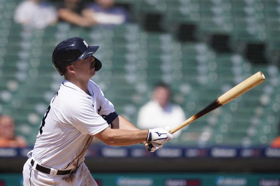 Detroit Tigers' Jake Rogers watches his triple to center field during the seventh inning of a baseball game against the Seattle Mariners, Thursday, June 10, 2021, in Detroit. (AP Photo/Carlos Osorio)