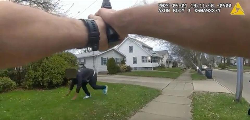 PHOTO: Body camera footage released by the city of Akron shows the April 1, 2024 shooting of a teenager determined to be holding a fake gun by an Akron police officer.  (Akron Police Department/City of Akron)