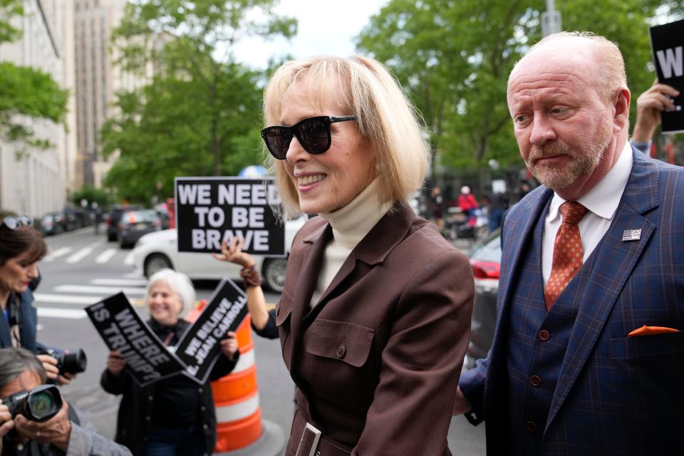 E. Jean Carroll arrives at Manhattan federal court on Tuesday in New York. A jury found former President Donald Trump liable for sexually assaulting her Tuesday afternoon.