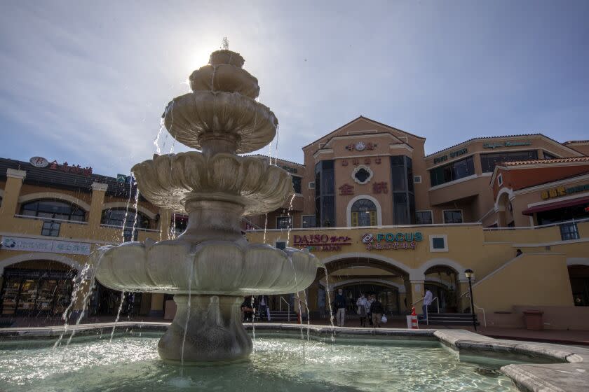 San Gabriel, CA - November 23: A large fountain infant of the Focus Plaza on Wednesday, Nov. 23, 2022, in San Gabriel, CA. The Focus Plaza is a famous Chinese American strip mall in the San Gabriel Valley (Known as the "Great Mall of China" or the "Chinese Disneyland." It paved the way for similar malls throughout the country. It is doing a facelift - Kicking out some 90% of the tenants, many of them first-generation immigrant businesses, while doing so. (Francine Orr / Los Angeles Times)