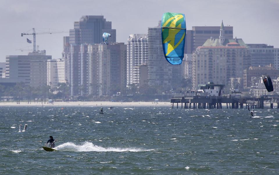 A 2017 photo of kitesurfers along the Belmont Peninsula in Long Beach.