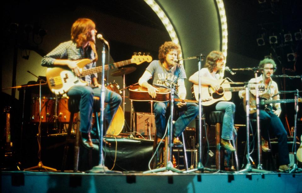 (L-R) Randy Meisner, Don Henley, Glenn Frey and Bernie Leadon of The Eagles perform on Popgala (Pop Gala) TV concert on 10th March 1973 in Voorburg, Netherlands (Photo Gijsbert Hanekroot/Redferns) 