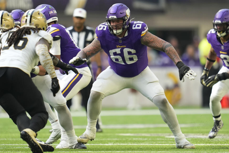 FILE - Minnesota Vikings guard Dalton Risner (66) plays during the first half of an NFL football game against the New Orleans Saints, Sunday, Nov. 12, 2023, in Minneapolis. The intensity of NFL fandom that increased with the surge of fantasy football has spiked further in the age of online betting. The accessibility of social media has put players in position to feel that ferocity like never before. That’s one reason why the league has a wellness program for these uniquely high-profile employees. (AP Photo/Abbie Parr, File)