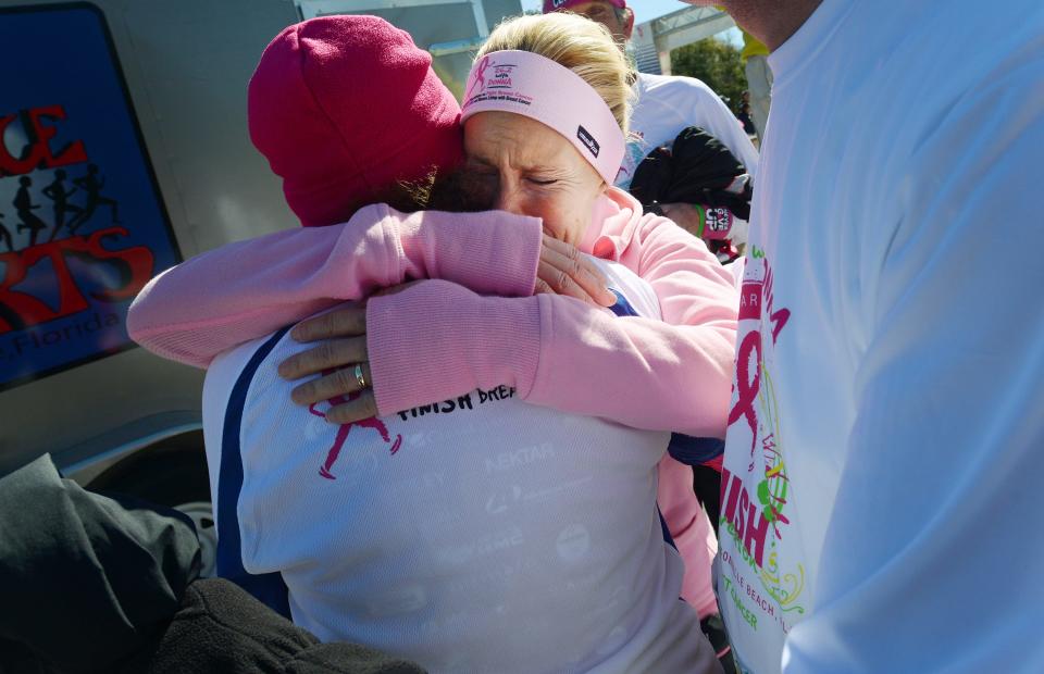 Kelly.Jordan@jacksonville.com-02-17-13--26.2 With Donna founder Donna Deegan, right, (1), celebrates with Mayo's Dr. Edith Perez, (2), just as they finished the half marathon together on San Pablo Road near the Mayo Clinic Sunday February 17, 2013.(The Florida Times-Union, Kelly Jordan)