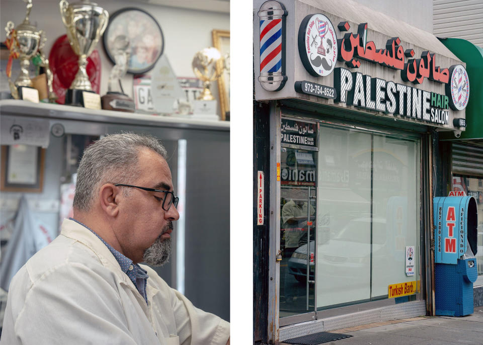 Raed Odeh, owner and barber of Palestine Hair Salon, who has deep ancestral roots in the Palestinian territories, said his refugee parents from Bethlehem originated from Al Khalil/Hebron, the second-largest city in the West Bank.  (Danielle Amy for NBC News)