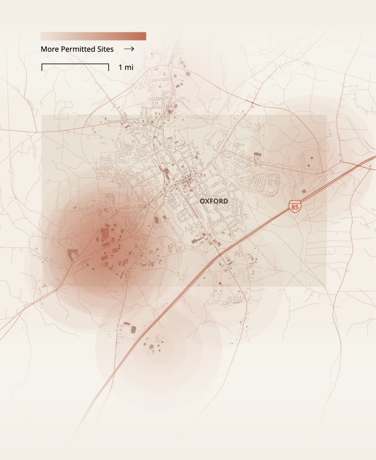 Density map of permitted pollution sites near Oxford, NC