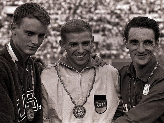 <p>John G. Zimmerman/Sports Illustrated/Getty</p> David Sime, Armin Hary and Peter Radford during the 1960 Summer Olympics in Rome, Italy.