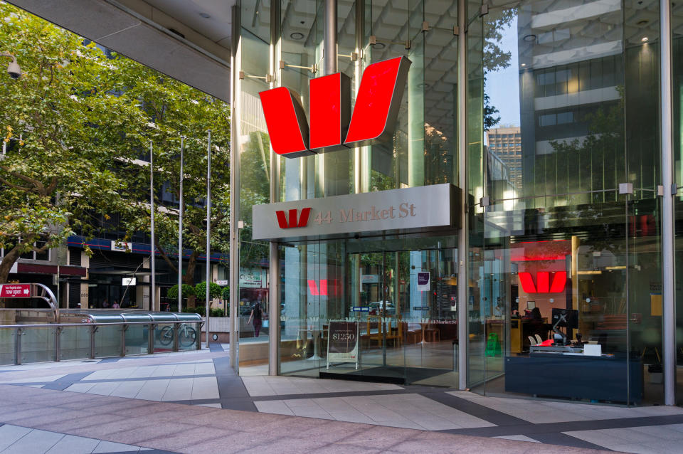 Sydney, Australia - Mar 26, 2016: Westpac bank branch entry on Market street, Sydney, Australia. Westpac is one of Australia's 