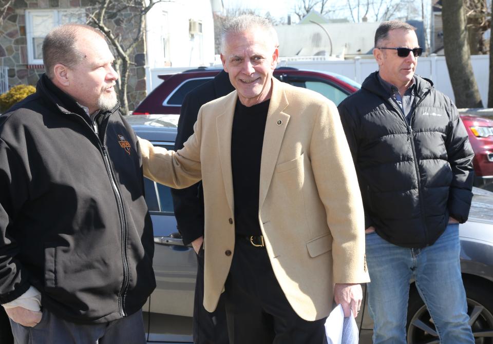 Jerry Speziale arrives in Haledon to announce his run for Passaic County Sheriff with a group of supporters that included many labor and community leaders on March 1, 2024.