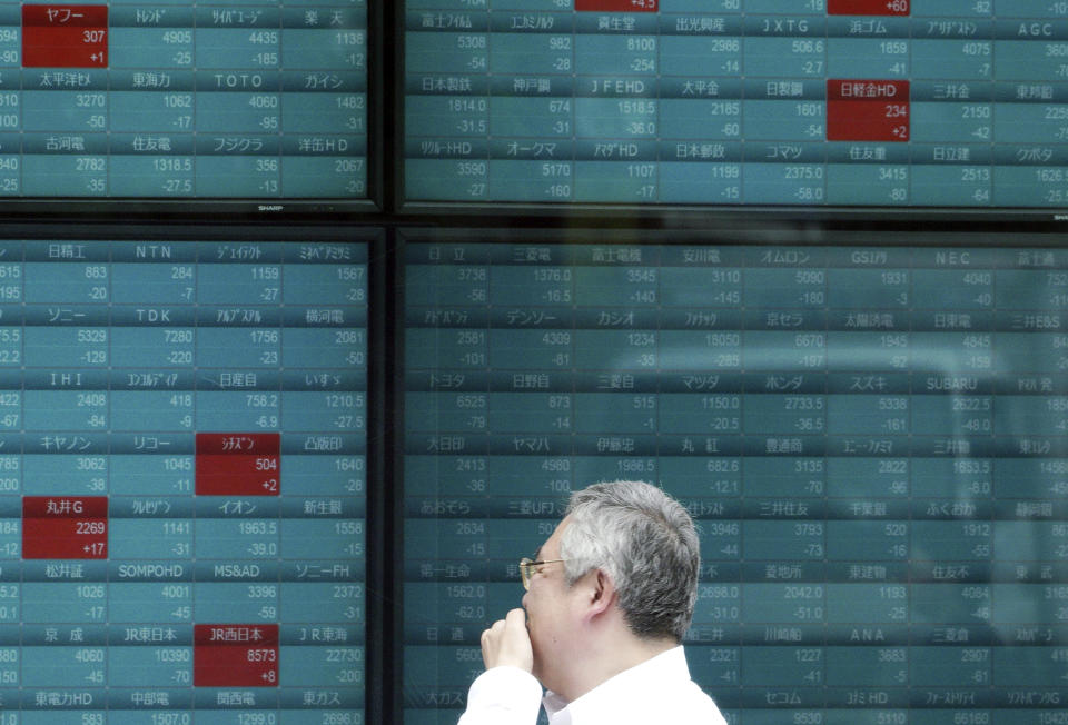 FILE - In this May 29, 2019, file photo, a man watches an electronic stock board showing Japan's Nikkei 225 index at a securities firm in Tokyo. Stocks in Asia advanced on Tuesday, June 18, 2019, ahead of interest rate decisions by the U.S. Federal Reserve and other central banks.(AP Photo/Eugene Hoshiko, File)