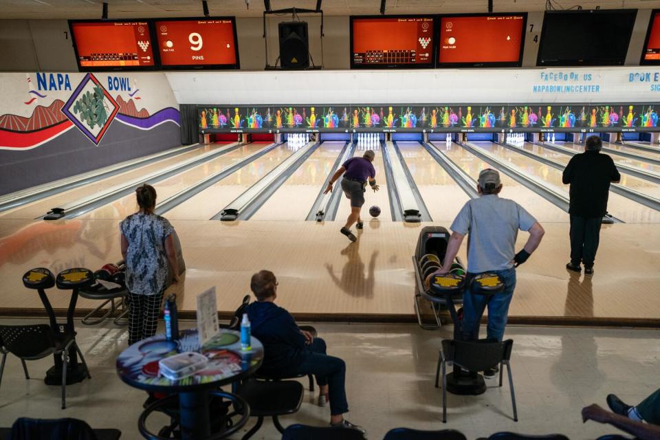 Members of a bowling league compete at Napa Bowl in Napa,