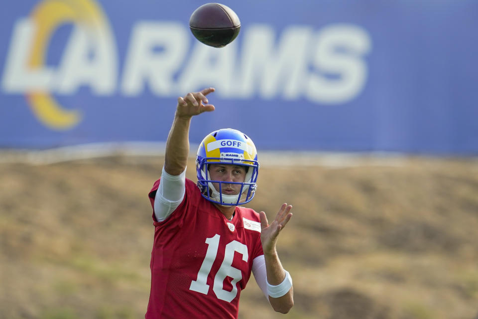 Los Angeles Rams quarterback Jared Goff throws during an NFL football camp practice Wednesday, Aug. 19, 2020, in Thousand Oaks, Calif. (AP Photo/Marcio Jose Sanchez)