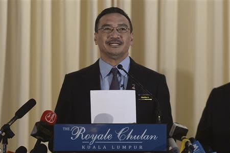 Malaysia's Defence Minister and acting Transport Minister Hishammuddin Hussein speaks at a news conference inside a hotel in Kuala Lumpur April 23, 2014. REUTERS/Stringer