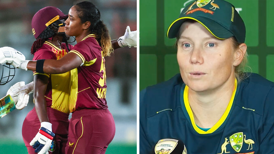 Hayley Matthews embraces Stafanie Taylor and Alyssa Healy speaks.