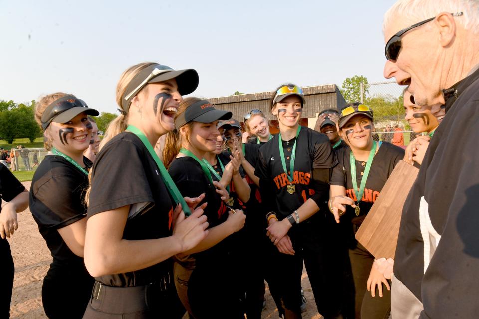 Hoover coach Jerry Goodpasture talks to his players after their Division I district final win over Jackson in Massillon, Wednesday, May 17, 2023.