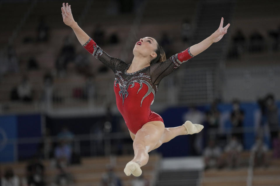 Vanessa Ferrari, of Italy, performs on the floor exercise during the artistic gymnastics women's apparatus final at the 2020 Summer Olympics, Monday, Aug. 2, 2021, in Tokyo, Japan. (AP Photo/Ashley Landis)