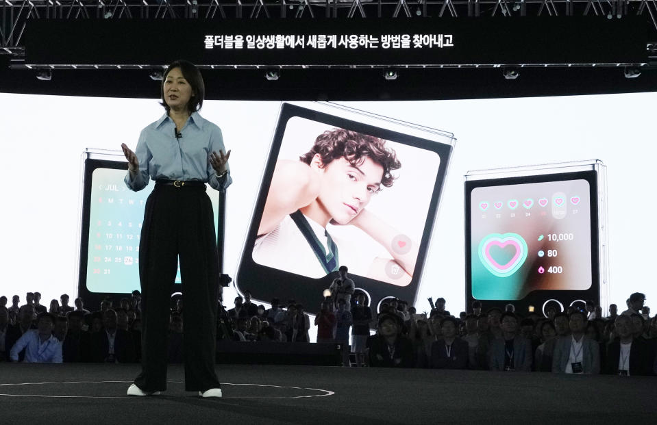 Stephanie Choi, EVP and head of Samsung's marketing mobile experience business, speaks during the Galaxy Unpacked 2023 event at the COEX in Seoul, South Korea, Wednesday, July 26, 2023. Samsung Electronics on Wednesday unveiled two foldable smartphones as it continues to bet on devices with bending screens, a budding market that has yet to fully take off because of high prices. (AP Photo/Ahn Young-joon)