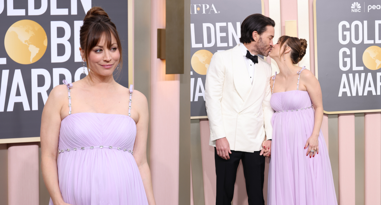 split screen of kaley cuoco in purple dress and Kaley Cuoco cradled her growing bump at the 2023 Golden Globe Awards (photos via Getty).