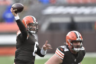 Cleveland Browns quarterback Baker Mayfield (6) throws against the Houston Texans during the first half of an NFL football game, Sunday, Nov. 15, 2020, in Cleveland. (AP Photo/David Richard)