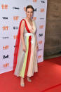 <p>The actress walked the red carpet for “Unicorn Store” on Monday, Sept. 11 in a playful rainbow-striped dress, complete with a cape. </p>