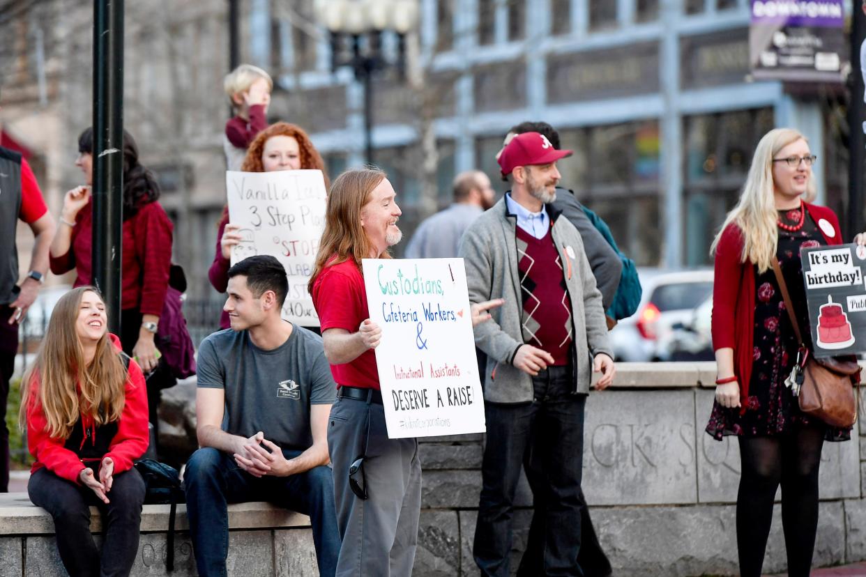 Area teachers, parents and students participated in the “Our Schools Deserve Funds Now” protest  in downtown Asheville in 2020. Local educators are now protesting a N.C. bill to expand private school vouchers, which they say will take money away from public schools.