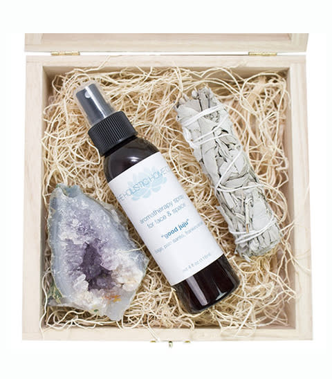 <p><strong>The Holistic Home Company</strong> energy clearing set, $55, ahalife.com</p><p><a rel="nofollow noopener" href="https://www.ahalife.com/product/149000053352/home-sweet-home-energy-clearing-set" target="_blank" data-ylk="slk:BUY NOW;elm:context_link;itc:0;sec:content-canvas" class="link ">BUY NOW</a></p>