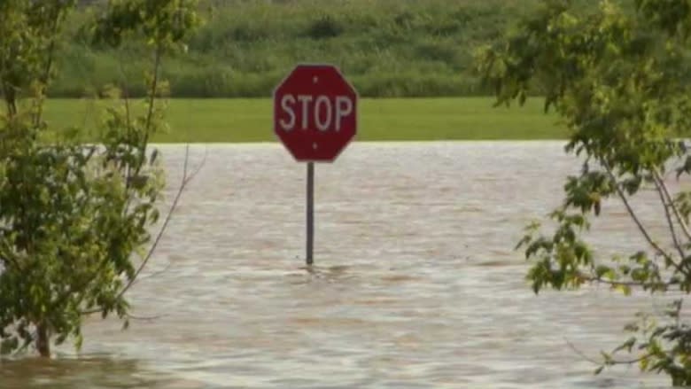 A stop sign sticks out of floodwaters in Brandon, Man in early July.