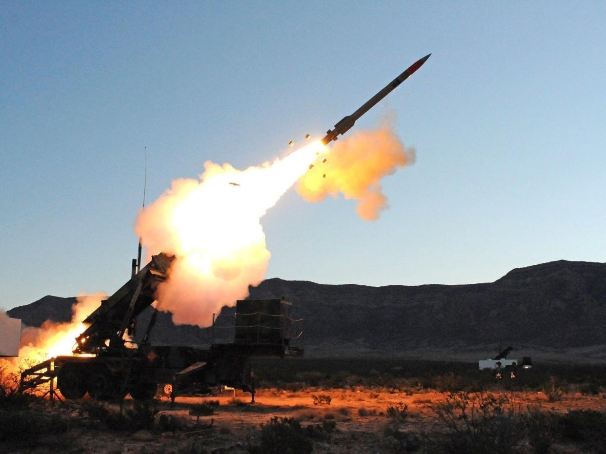 A shot of a Patriot missile battery firing an interceptor in a US Army test. The Patriot missile defense system is a ground-based interceptor able to eliminate airborne threats.