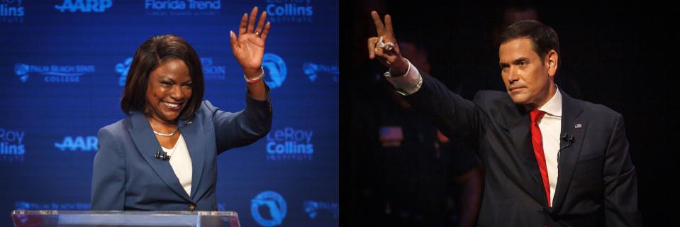 U.S. Rep. Val Demings (D), left, and Sen. Marco Rubio (R) during a televised debate at Duncan Theater on the campus of Palm Beach State College in Palm Beach County, Fla., on Tuesday, October 18, 2022.