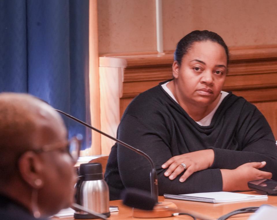 Ald. Milele Coggs listens as Inspector General Ronda Kohleim calls for the removal of City Attorney Tearman Spencer and Deputy City Attorney Odala Ohiku Monday, Nov. 13, 2023, at City Hall in Milwaukee. Ebony Cox / Milwaukee Journal Sentinel