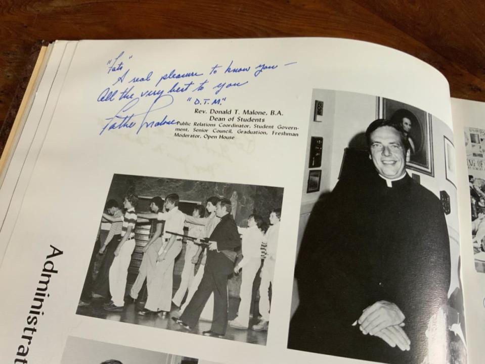 <div class="inline-image__caption"><p>Father Donald Malone in the Stepinac yearbook.</p></div> <div class="inline-image__credit">Courtesy Jenny Grosvenor</div>