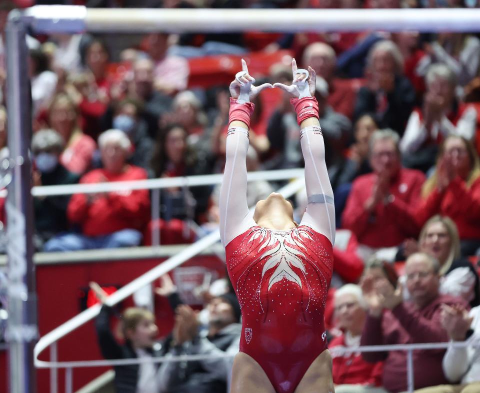 Utah Red Rocks gymnast Mackenzie Smith competes on the bars against ASU in Salt Lake City on Friday, Jan. 26, 2024. | Jeffrey D. Allred, Deseret News