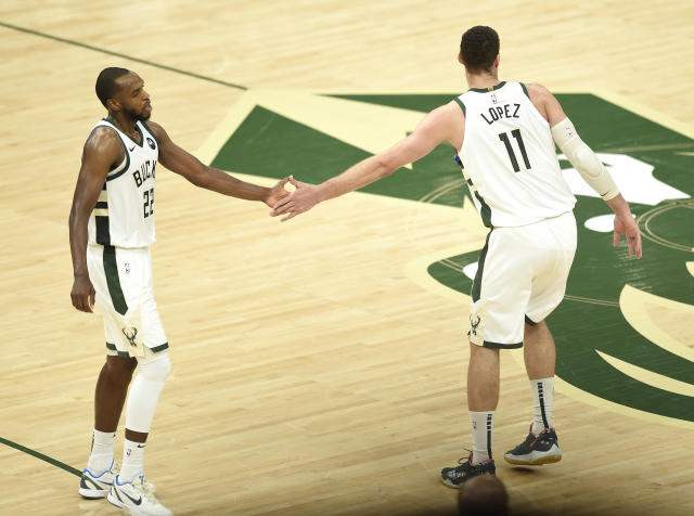 Milwaukee Bucks stars Khris Middleton and Brook Lopez made up for Giannis Antetokounmpo&#39;s absence in a Game 5 win over the Atlanta Hawks. (Patrick McDermott/Getty Images)