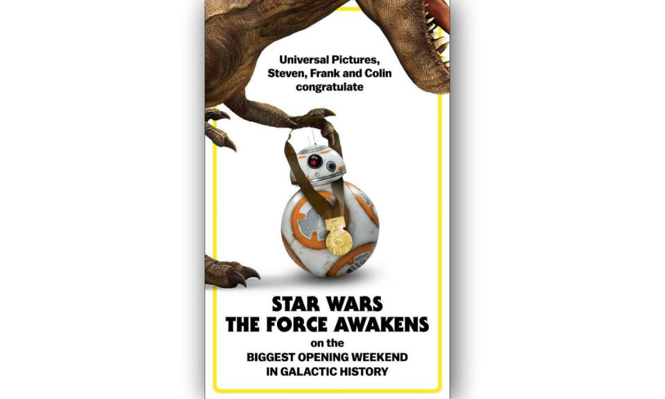 <p>“Universal Pictures, Steven, Frank and Colin congratulate Star Wars The Force Awakens on the biggest opening weekend in galactic history.” </p>