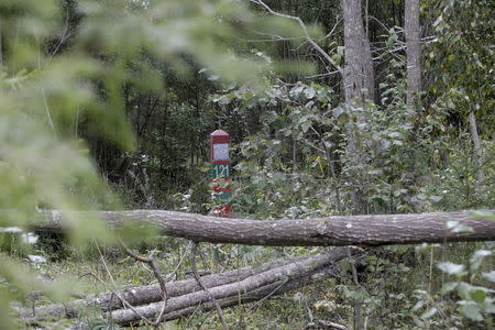 A Russian border marker (L) and an Estonian warning sign are pictured near the Estonian-Russian border, where, according to Estonia's officials, its security officer Eston Kohver was abducted in the south-east part of country, near the village of Miikse, Estonia, in this September 7, 2014 file picture. REUTERS/Ints Kalnins/Files