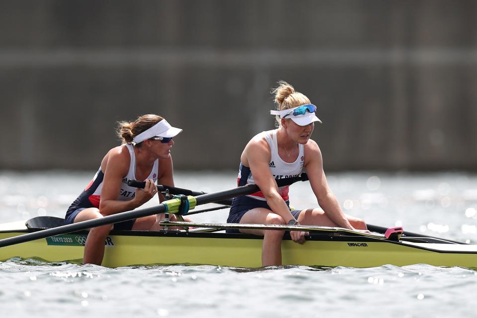 Helen Glover (left) and Polly Swann of Team GB react after coming in fourth in the women’s pair final (Getty)