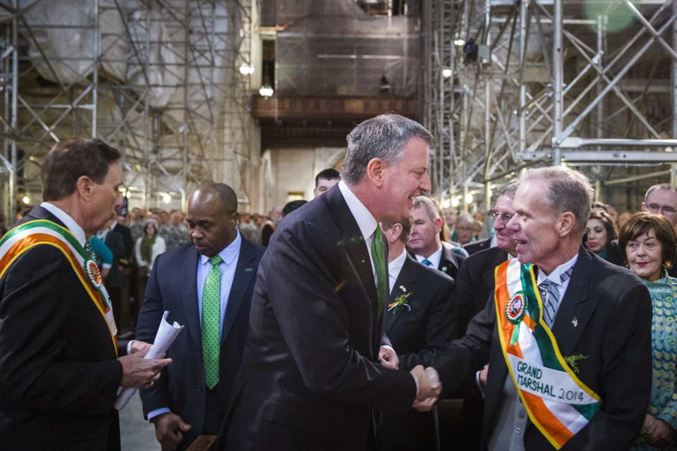 Bill de Blasio greets John Ahern before a service at Saint Patrick's Cathedral in New York