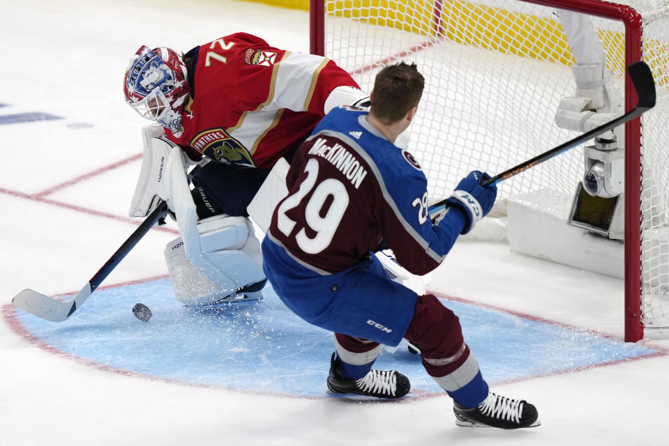 Colorado Avalanche's Nathan MacKinnon is stopped by Florida Panthers goaltender Sergei Bobrovsky during the NHL All-Star hockey skills competition's shootout section in Toronto, Friday, Feb. 2, 2024. (Frank Gunn/The Canadian Press via AP)