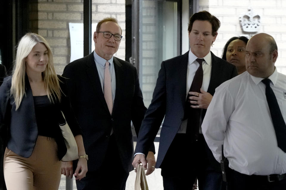 Actor Kevin Spacey leaves Southwark Crown Court in London, Wednesday, June 28, 2023. Spacey is going on trial on charges he sexually assaulted four men as long as two decades ago. The double-Oscar winner faces a dozen charges as his trial begins Wednesday at Southwark Crown Court. Spacey pleads not guilty to all charges .(AP Photo/Frank Augstein)