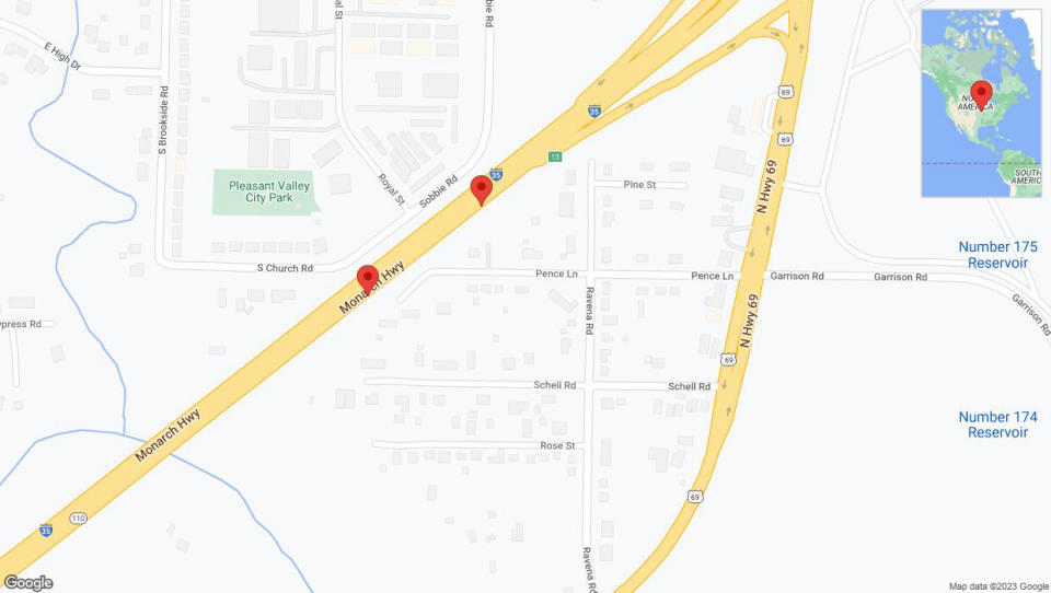 A detailed map that shows the affected road due to 'Broken down vehicle on northbound I-35 in Pleasant Valley' on December 16th at 2:13 p.m.