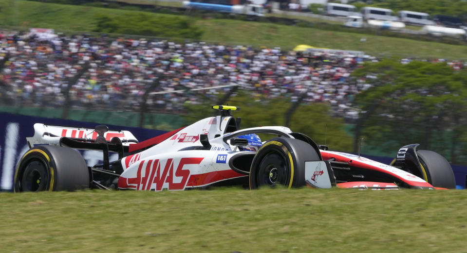 Haas driver Mick Schumacher, of Germany, steers his car during the second practice session at the Interlagos race track in Sao Paulo, Brazil, Saturday, Nov. 12, 2022. The Brazilian Formula One Grand Prix will take place on Sunday. (AP Photo/Andre Penner)