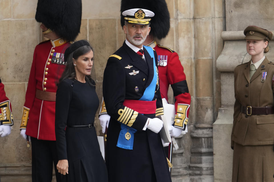 Spain King Felipe and Queen Letizia leave Westminster Abbey after the funeral service for Queen Elizabeth II, in central London, Monday, Sept. 19, 2022. The Queen, who died aged 96 on Sept. 8, will be buried at Windsor alongside her late husband, Prince Philip, who died last year. (AP Photo/Bernat Armangue, Pool)