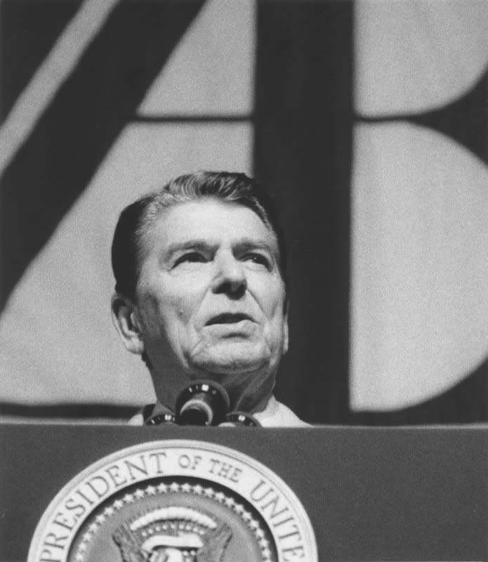 Speaking to the American Bar Association, President Ronald Reagan charged that "outlaw states" of Iran, Libya, North Korea, Cuba and Nicaragua represent a "new version of Murder Inc." On May 1, 1985, Reagan banned trade with Nicaragua to try to undermine the Sandinista government. File Photo by Vince Mannino/UPI