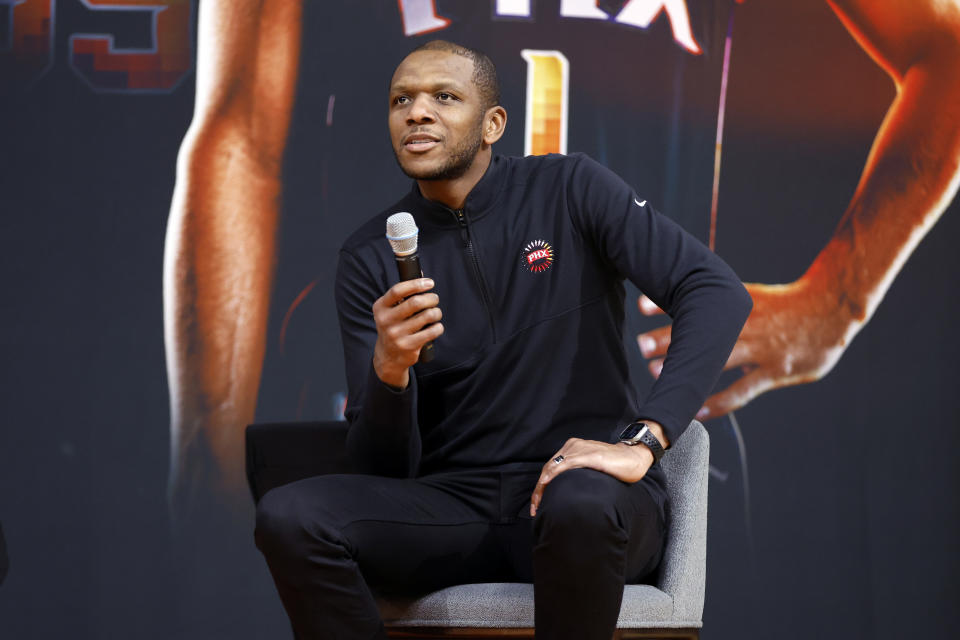PHOENIX, ARIZONA - FEBRUARY 16: General manager James Jones of the Phoenix Suns talks during a press conference introducing Kevin Durant at Footprint Center on February 16, 2023 in Phoenix, Arizona. NOTE TO USER: User expressly acknowledges and agrees that, by downloading and/or using this photograph, User is consenting to the terms and conditions of the Getty Images License Agreement.  (Photo by Chris Coduto/Getty Images)