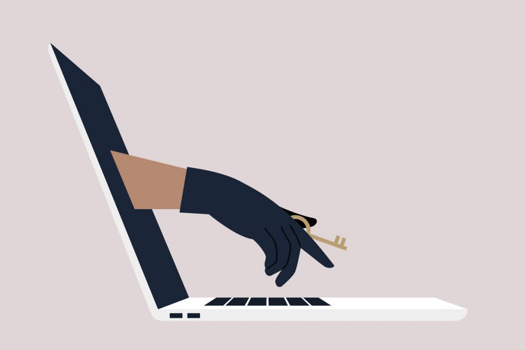 this illustration shows a hand coming out of a laptop screen with a key to represent a data breach. 